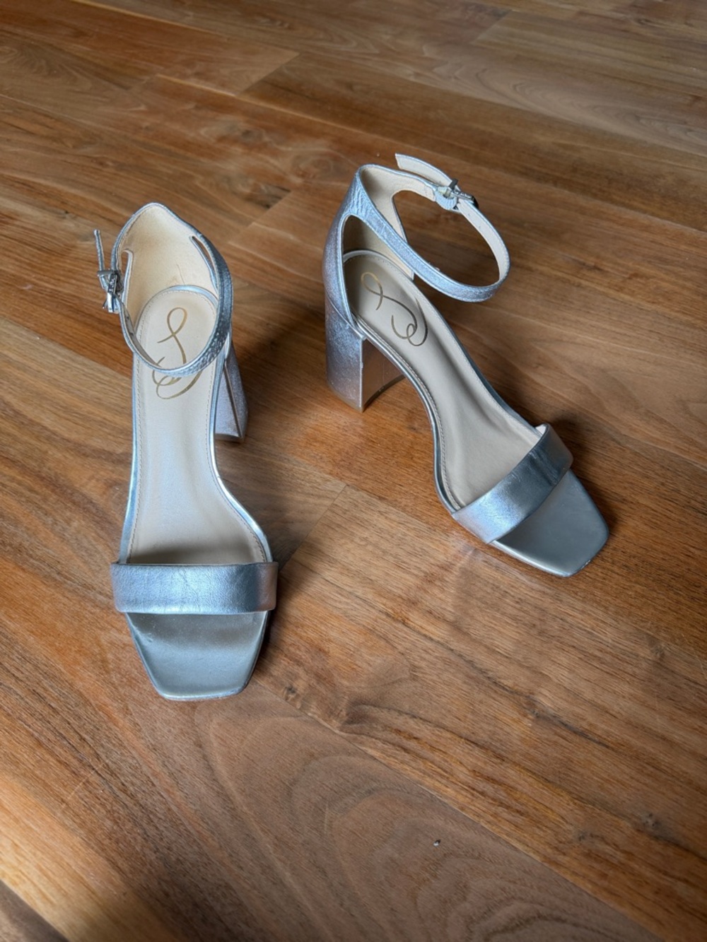 Sam Edelman Silver Metallic Block Heel Ankle Strap Sandals
